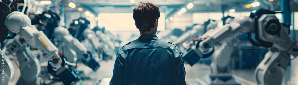 Poster technology supervisor directing robotic factory crew in dynamic environment