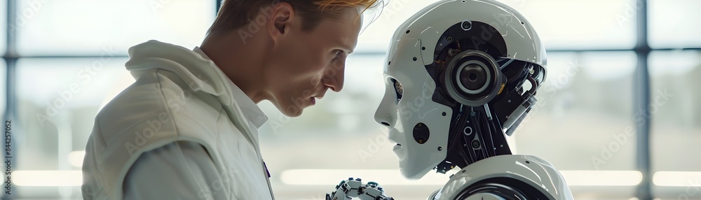 Poster robot and human inspecting futuristic prototype in rd laboratory