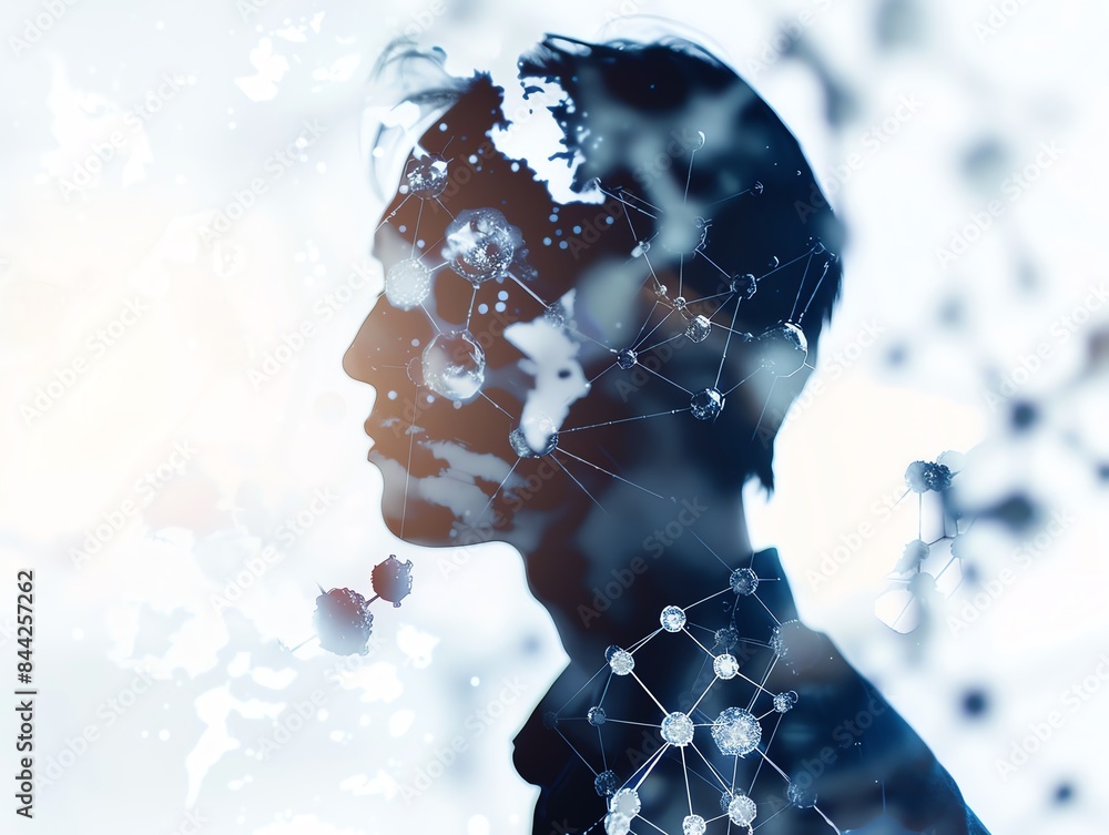 Poster a double exposure image of a man and molecular structure elements, symbolizing the integration of hu
