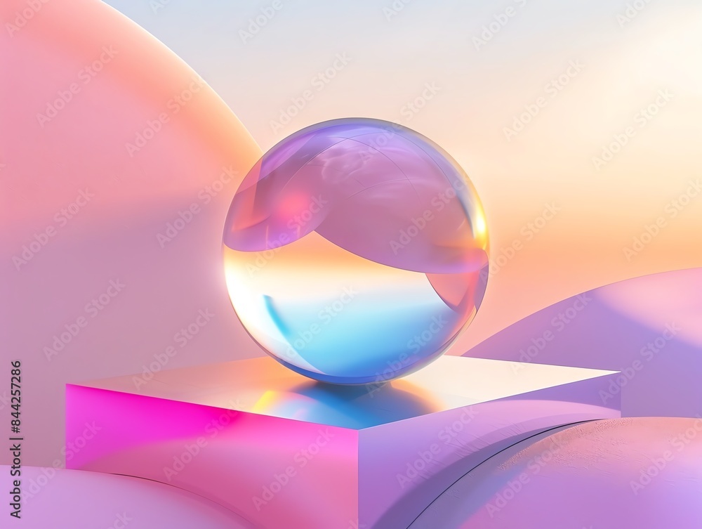 Poster futuristic 3d render of glass sphere on geometric shapes with soft pastel colors and smooth gradient