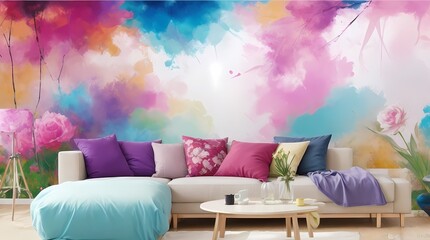 Modern minimalist living room interior background, living room with sofa, wall mockup
with flower painting, 3D rendering