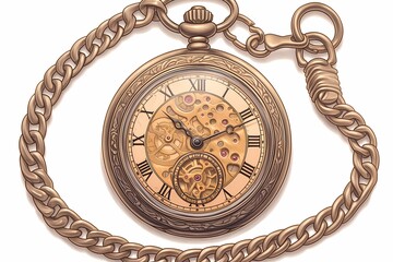 Pocket watch with chain hand drawn illustration,  on a white background. Ai generated