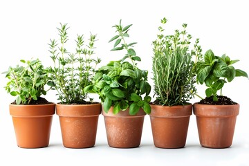 Fototapeta premium A row of potted herbs including basil, rosemary and thyme against a white background. Ai generated 