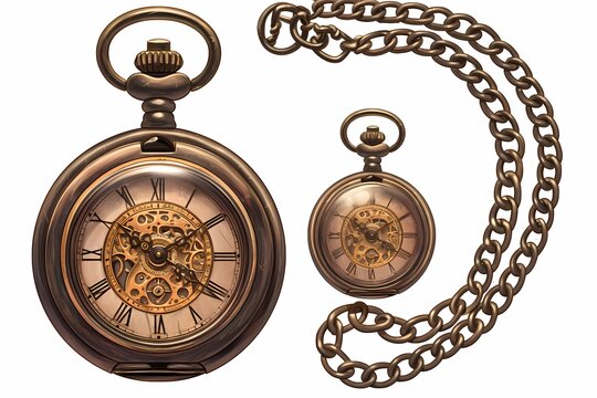 recommend clip art: Vintage pocket watch with chain, brass mechanical gears inside the clock face, clip art style isolated on white background. Ai generated 