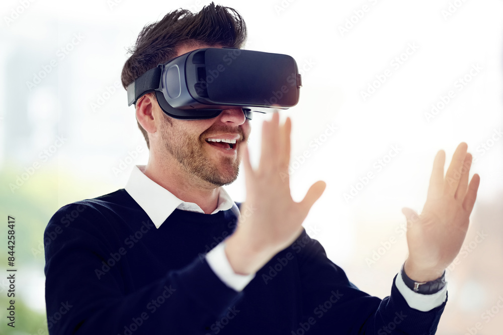 Poster man, vr and smile in office with hands, test or 3d user experience with futuristic vision for digita