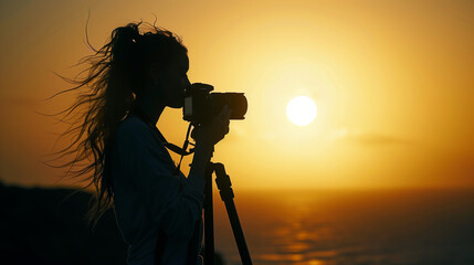 Silhouette of a woman holding a camera with a tripod, background of a round sun setting on the western horizon, Ai generated Images