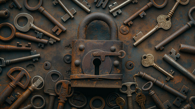 Vintage rusty padlock surrounded by group of old keys