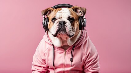 Elegant English bulldog dressed in athletic attire, enjoying music on headphones against a pink studio backdrop. idea of humor, dogs, fashion, veterinarian, and style