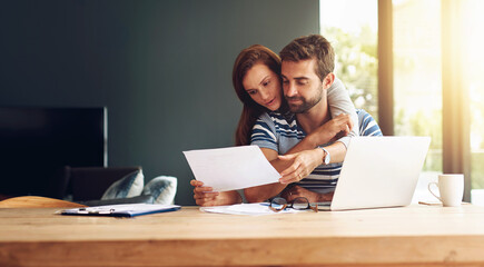 Documents, finance and laptop with couple in home together for bank investment or savings....