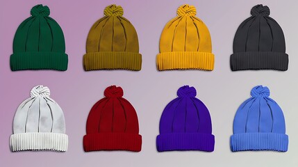 A colorful collection of winter beanies arranged in rows on a dual-tone background. 