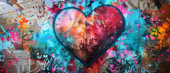 Fototapeta premium Vibrant Kaleidoscopic Heart Shaped Graffiti Artwork on Urban Wall Background