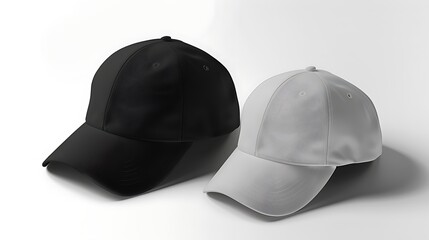 Obraz premium Two baseball caps, one black and one mockup white, presented on a plain background for versatile use in design and marketing. 