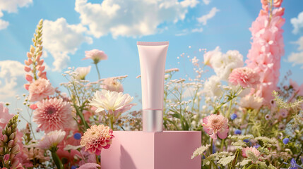 Skincare tube on pink platform with a backdrop of flowers and sky