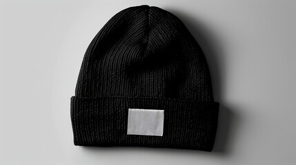 A black beanie mockup hat with a blank white label isolated on a plain background, perfect for...