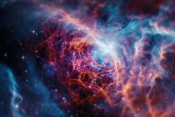 A colorful nebula with a red and blue heart in the center. Stary night cosmos. Universe science astronomy. Supernova background wallpaper