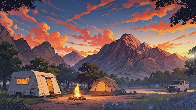 Anime video of a campsite at dusk. There is a camper, a tent, a campfire, and mountains in the background.