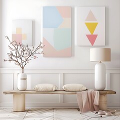 A modern interior decor setup featuring abstract art on the wall, a bench with pillows, and a vase with cherry blossoms, conveying a serene and stylish ambiance. 