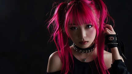 Fototapeta premium A striking portrait of a young woman with vibrant pink hair and edgy punk-inspired accessories against a dark background. 