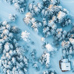 Aerial view of a secluded cozy snowy cabin in a pine forest, accessed by a freshly snow-covered path, perfect for solitude and winter peace