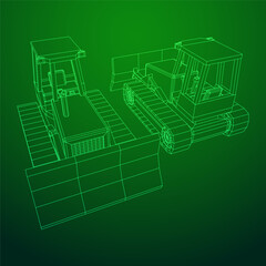 Big front-end loader bulldozer. Heavy equipment machine and manufacturing equipment for mining. Wireframe low poly mesh vector illustration.