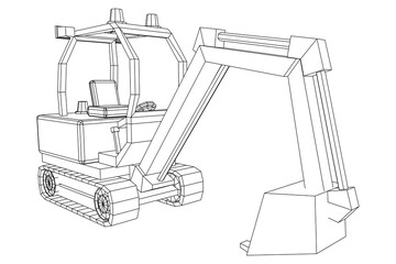 Heavy equipment excavator machine manufacturing power equipment for open pit mining. Wireframe low poly mesh vector illustration