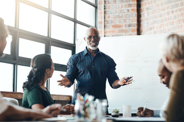 Discussion, businessman and whiteboard with presentation for planning, advertising strategy or brainstorm. Office, mature manager or mindmap with info, ideas and staff for creative agency in training