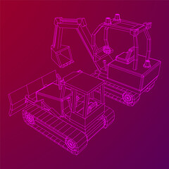 Heavy equipment excavator machine manufacturing power equipment for open pit mining. Wireframe low poly mesh vector illustration