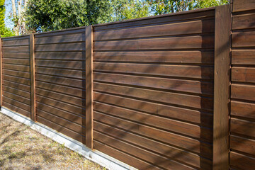 panel wooden planks of wood fence with very marked texture of grains and knots pine trees background