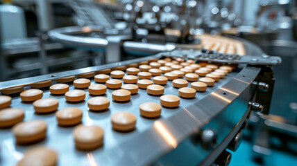 Tablets manufacturing process. Close-up shot of medical drug production line.