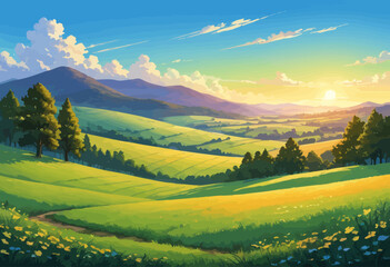 a painting of a green field with trees