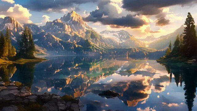 A picturesque lake framed by majestic mountains its reflective waters depicting scenes from parallel universes and alternate timelines.