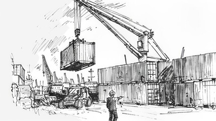 Obraz premium Black and white sketch of a crane driver lifting a container in a busy port, stark contrast, Minimalist, Ink, Monochrome