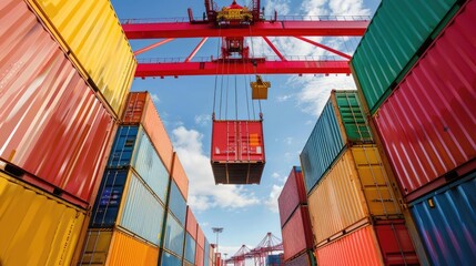 Container being lifted at shipping port front view Cargo handling efficiency digital tone Analogous Color Scheme