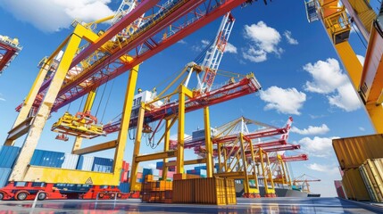 Fototapeta premium Detailed view of crane machinery at port side view Engineering marvel technology tone Tetradic color scheme