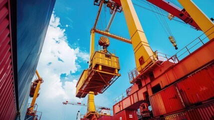 Fototapeta premium Detailed view of crane machinery at port side view Engineering marvel technology tone Tetradic color scheme