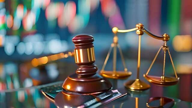 A law scale and a gavel judge are two examples of financial law on the stock market exchange board.