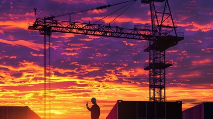 Illustration of a crane driver at sunset, vivid orange and purple sky, containers silhouetted against the light, Realistic, Watercolor, Soft Edges, Calm Atmosphere