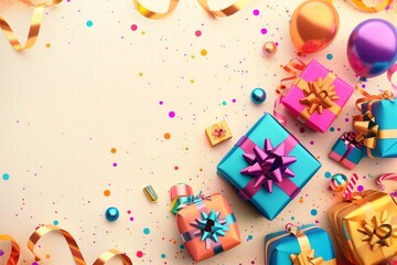 Fototapeta premium Colorful birthday background with a gift boxes, confetti and place for text. AI generative