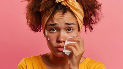 Obraz premium Ill young lady holding tissue against pink backdrop