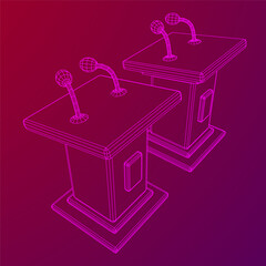 Speaker Podium Rostrum. Tribune Stand with Microphones. Debate, press conference concept. Wireframe low poly mesh vector illustration