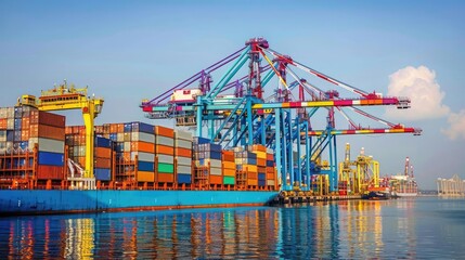Naklejka premium Port with cranes and containers bustling front view Busy port operations cybernetic tone Triadic Color Scheme