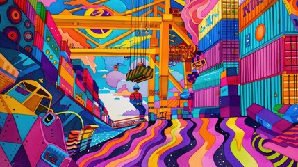 Psychedelic depiction of a crane driver in a colorful port, containers in vivid patterns, Abstract, Surreal, Dreamlike Watercolor