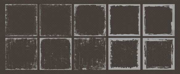 Grunge overlay effect background or dirty retro frame and border collection with grainy paint texture. Grunge paint brush stroke, torn paper or crack wall pattern art. Social media banner silhouette.