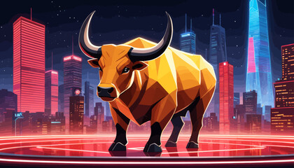 a bull standing in front of a city at night