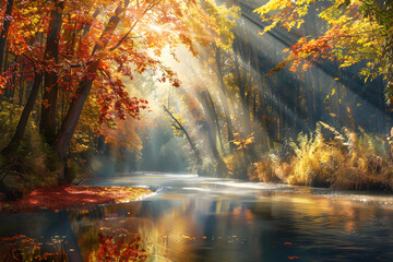 Serene Autumn Landscape: Vibrant Fall Foliage Reflected in a Calm River Surrounded by Trees in Peak Seasonal Colors