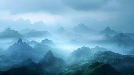 Captivating Dreamlike Landscapes with Ethereal Mountains and Hazy Celestial Skies