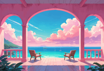 a painting of two chairs on a porch overlooking the ocean