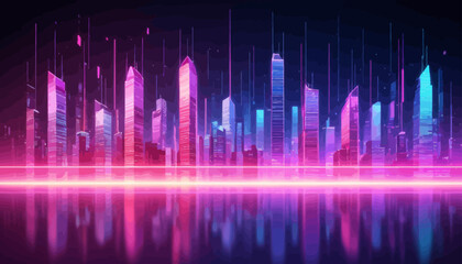 a city skyline with neon lights reflecting in the water
