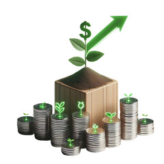 stack of silver coins the seedlings are growing on top with arrow of growth and green business icons on wooden cube concept of green business finance and sustainability investment carbon credit
