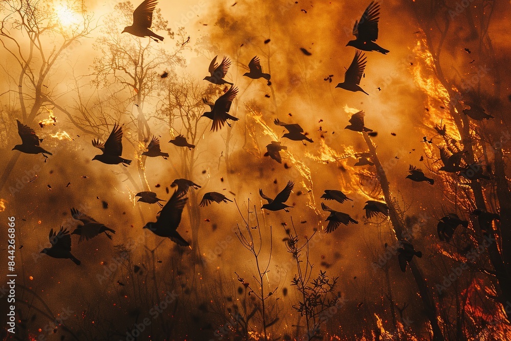 Canvas Prints A flock of birds frantically fleeing a forest fire their wings obscured by the thick smoke